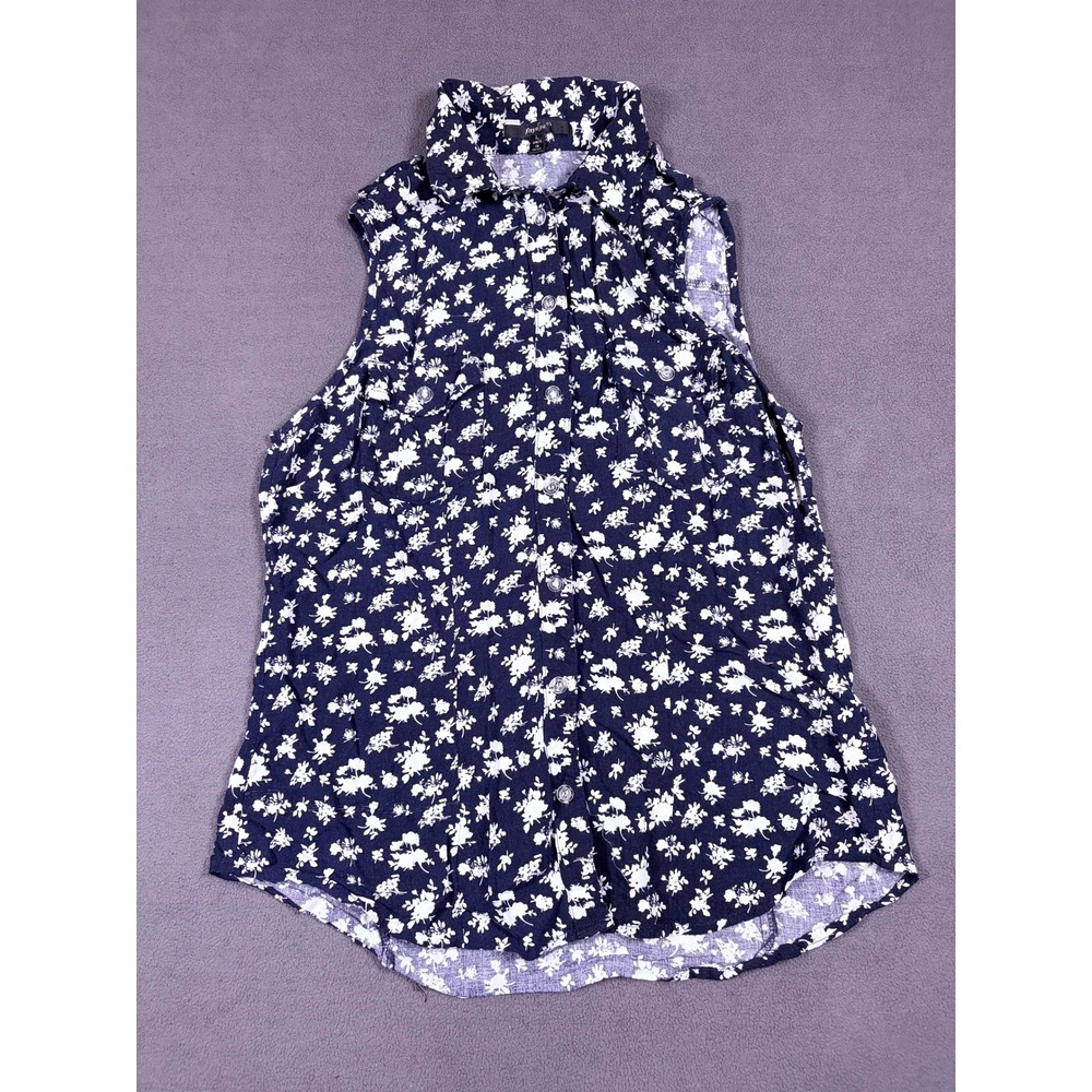 Papaya Sleeveless Button Up Shirt Womens Large Navy Blue Floral Print B1507